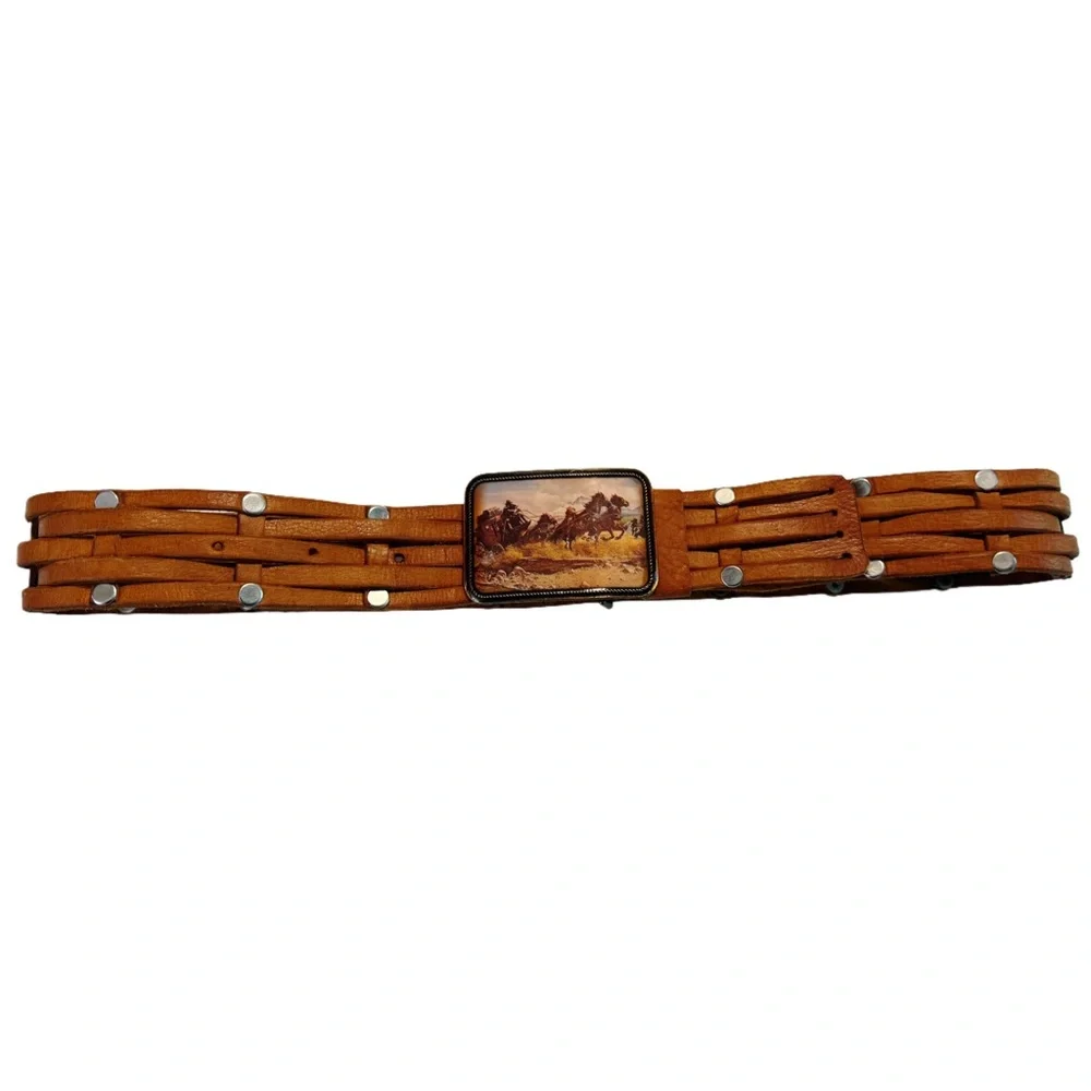 Woven and Riveted Brown Leather Belt with Western Buckle